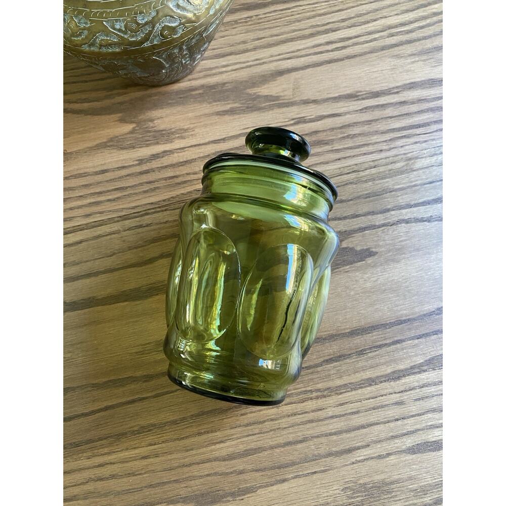 Vintage LE Smith Glass Canister Avocado Green Bubble Lidded Canister Jar 8” Tall